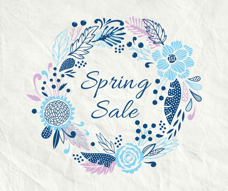 Spring Sale Flowers Wreath in Blue Facebook Design Template