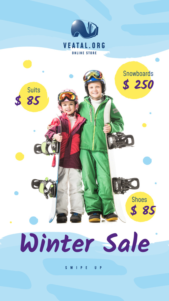 Template di design Winter Sale Offer Kids with Snowboards Instagram Story