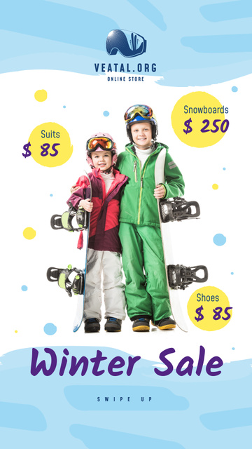 Ontwerpsjabloon van Instagram Story van Winter Sale Offer Kids with Snowboards