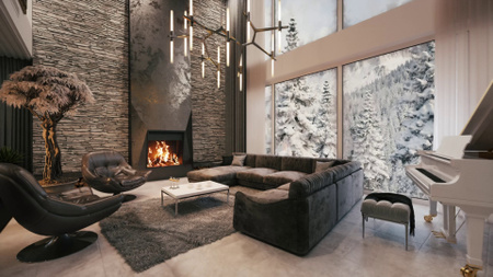 Stylish Living Room with Fireplace Zoom Background Design Template