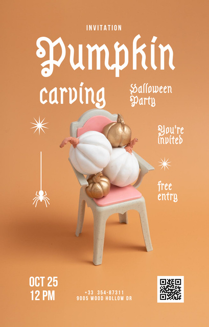 Pumpkin Carving Activity On Halloween Party Announcement Invitation 4.6x7.2inデザインテンプレート