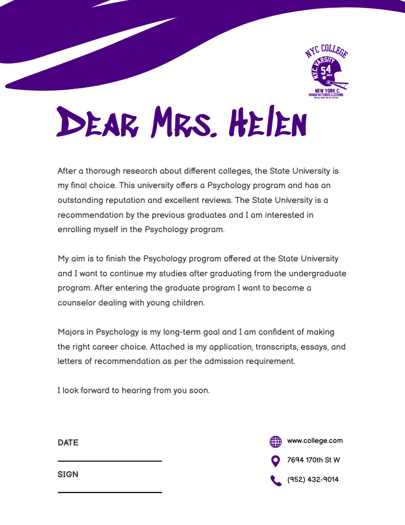 Plantilla de diseño de Student`s Letter to University With Psychology Program Letterhead 8.5x11in 