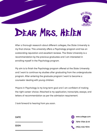 Student`s Letter to University With Psychology Program Letterhead 8.5x11in Design Template