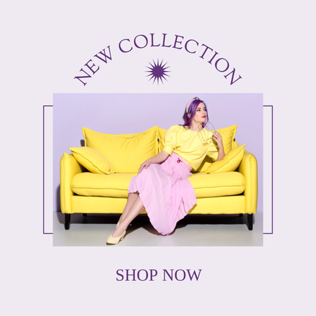 Plantilla de diseño de Mujer de sofá amarillo para nueva colección de muebles Instagram 