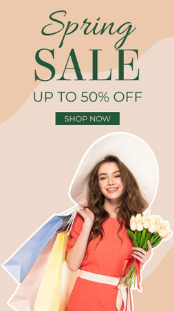 Spring Sale with Young Woman with Tulips and Hat Instagram Story Šablona návrhu