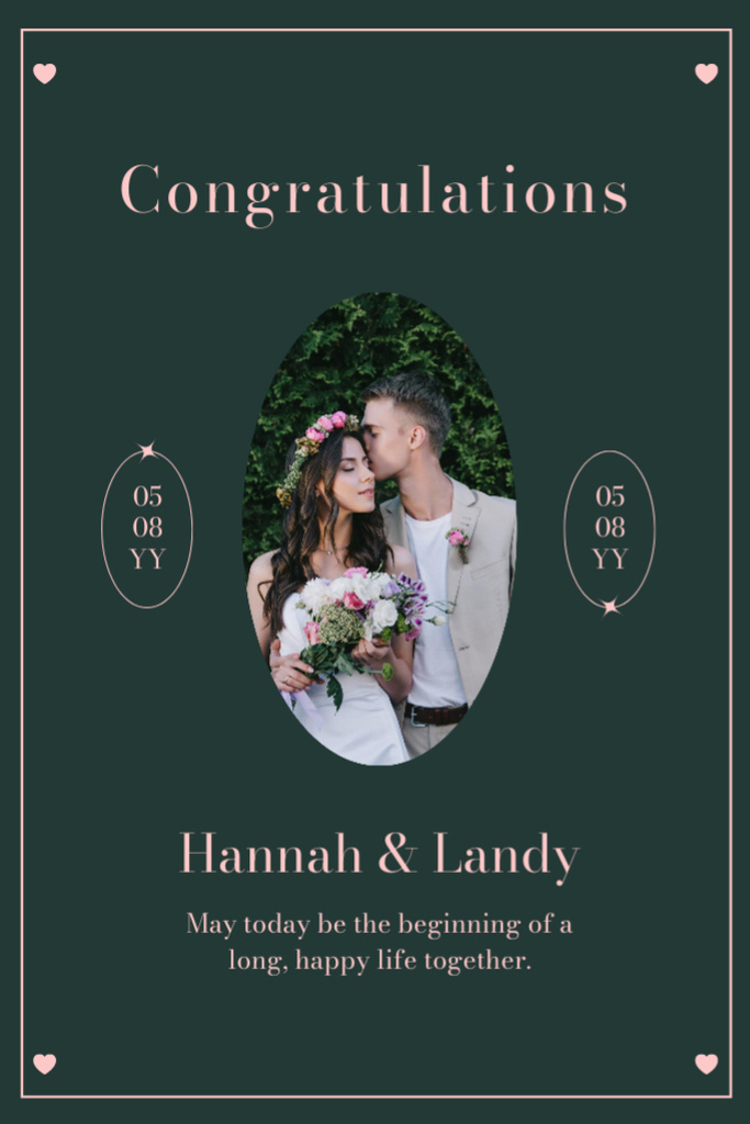 Designvorlage Wedding Greeting with Happy Newlyweds in Deep Green für Postcard 4x6in Vertical