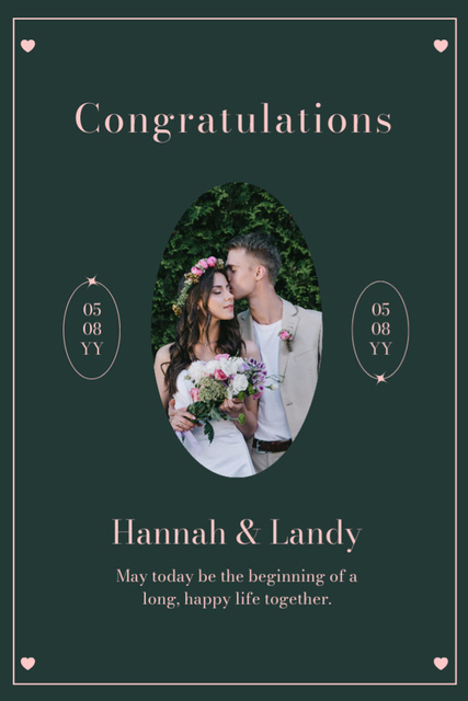 Designvorlage Wedding Greeting with Happy Newlyweds in Deep Green für Postcard 4x6in Vertical