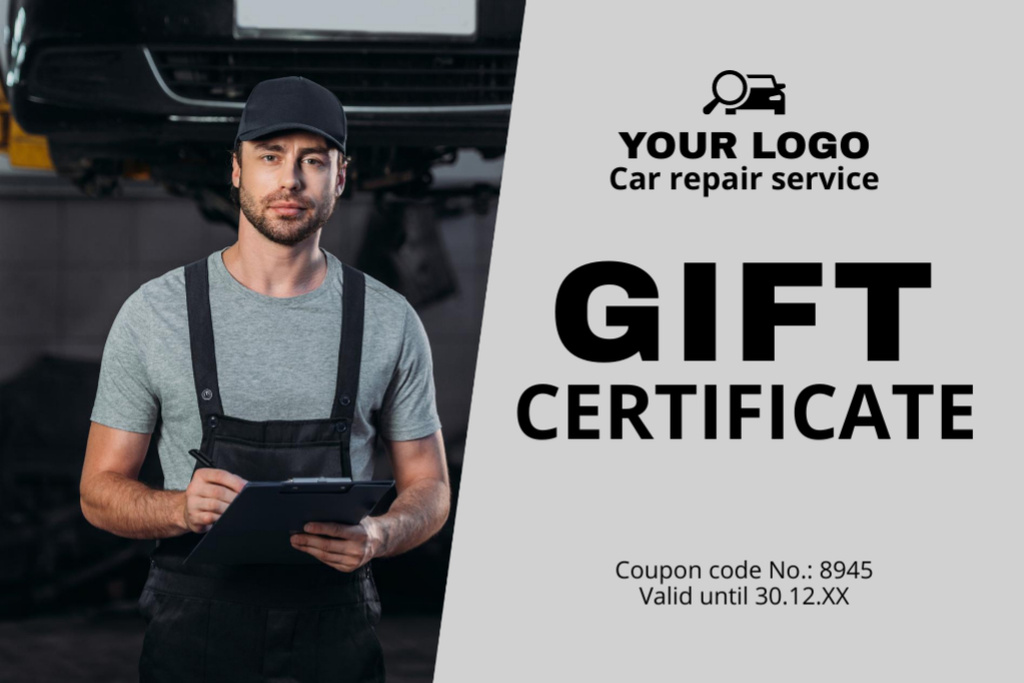 Car Repair Services Ad with Worker Gift Certificate Modelo de Design