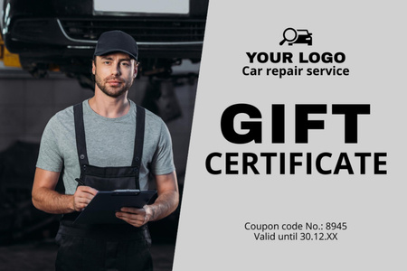 Car Repair Services Ad with Worker Gift Certificate Design Template