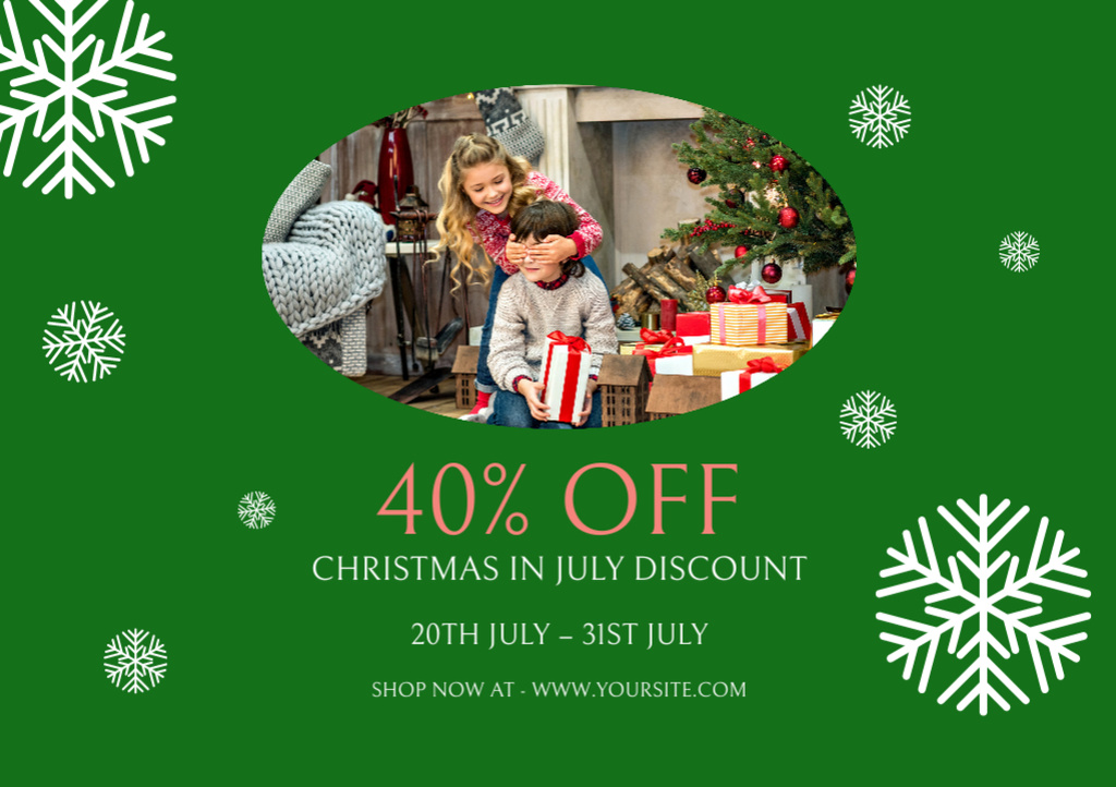 Christmas Discount in July with Happy Family on Green Flyer A5 Horizontal Šablona návrhu