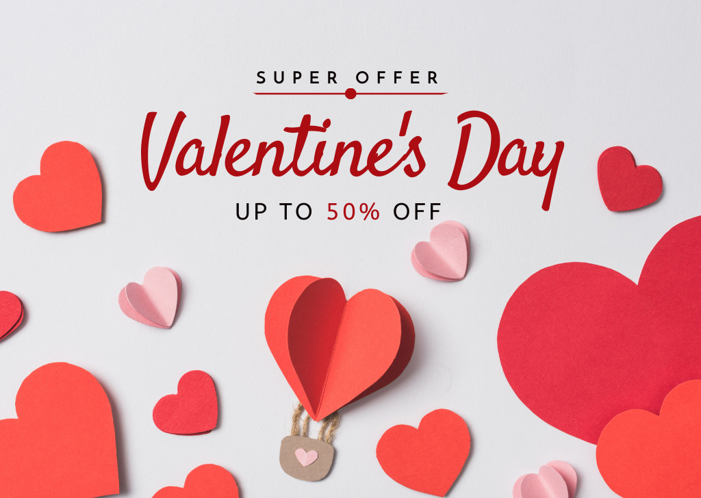 Super Deal Discounts on Valentine's Day Items with Red Hearts Card Tasarım Şablonu