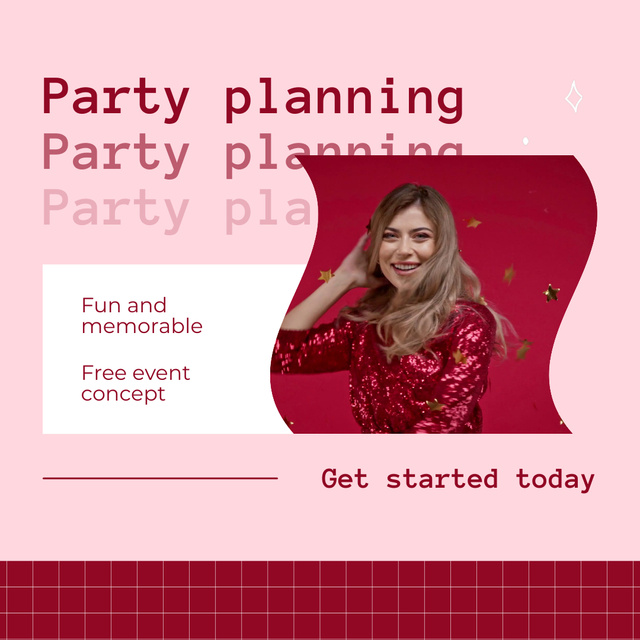 Party Planning Services with Woman in Golden Confetti Animated Post Design Template