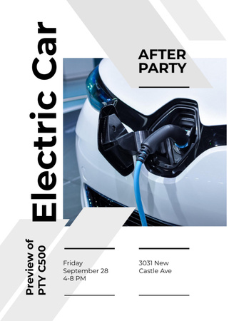 Designvorlage After-Party-Ankündigung mit aufladendem Elektroauto für Flayer