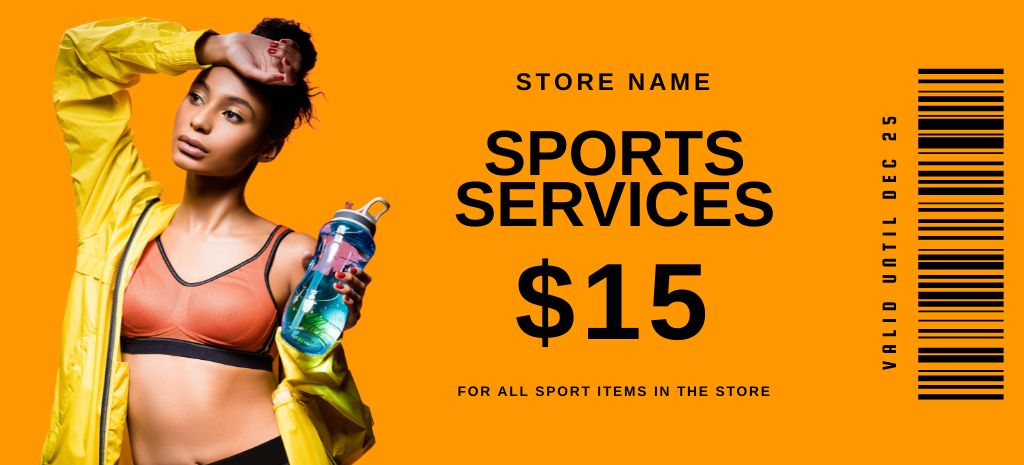 Sport Shop Discount Offer with Woman Coupon 3.75x8.25in Design Template
