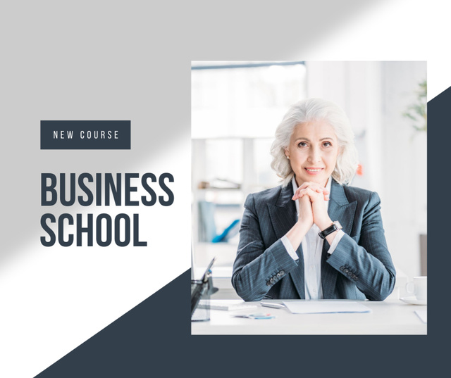 Plantilla de diseño de Business School Course Offer with Confident Businesswoman Facebook 