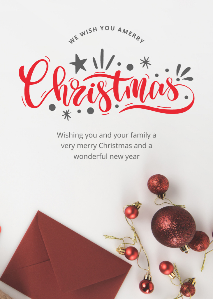 Template di design Christmas And New Year Wishes With Baubles and Envelope Postcard 5x7in Vertical