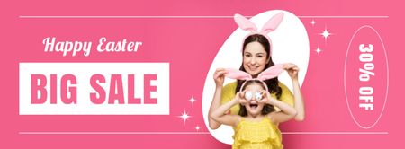Modèle de visuel Promotion de Pâques avec une mère et une fille heureuses dans des oreilles de lapin - Facebook cover