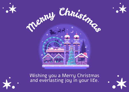 Plantilla de diseño de Deseos navideños brillantes con Winter Town en violeta Postcard 5x7in 
