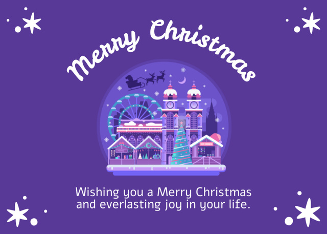 Designvorlage Bright Christmas Wishes with Winter Town in Violet für Postcard 5x7in