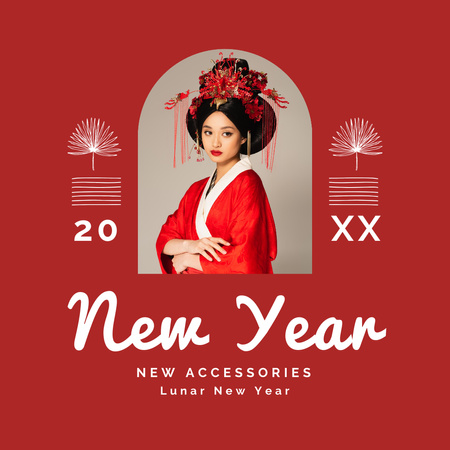 Chinese New Year Greeting Card with Beautiful Asian Woman Instagram Design Template