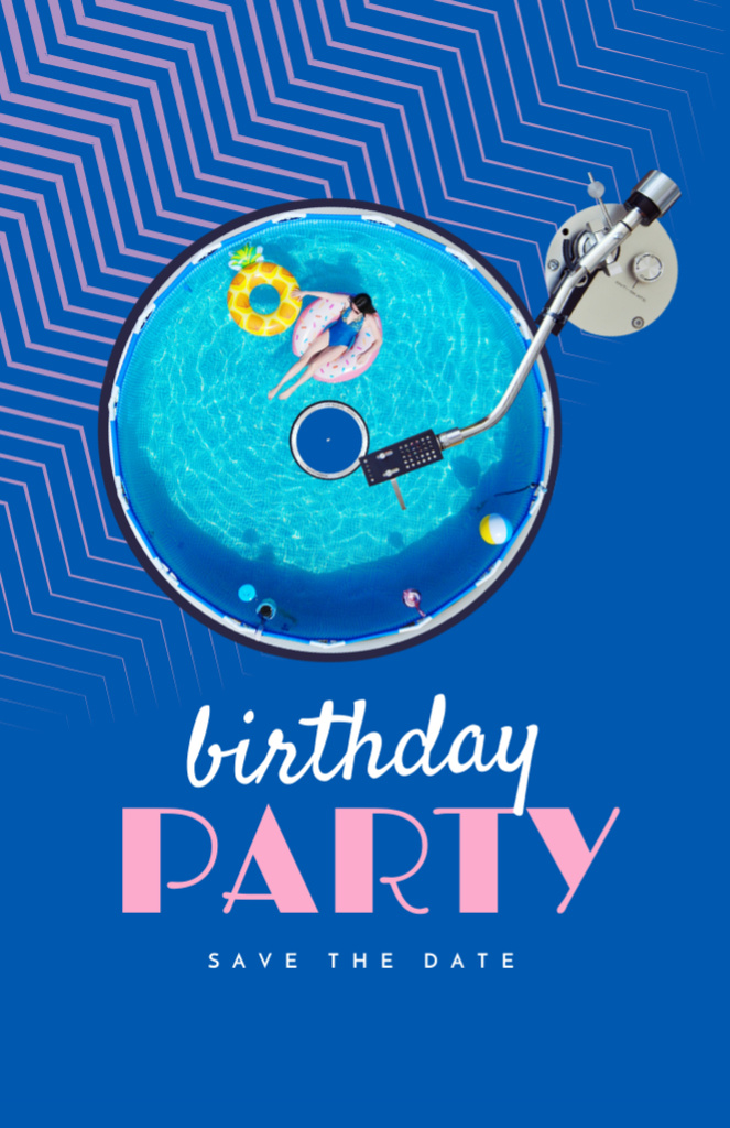 Birthday Party With Inflatable Rings In Pool Invitation 5.5x8.5in Design Template
