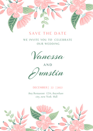 Wedding Event Announcement With Flowers Postcard A6 Vertical Design Template