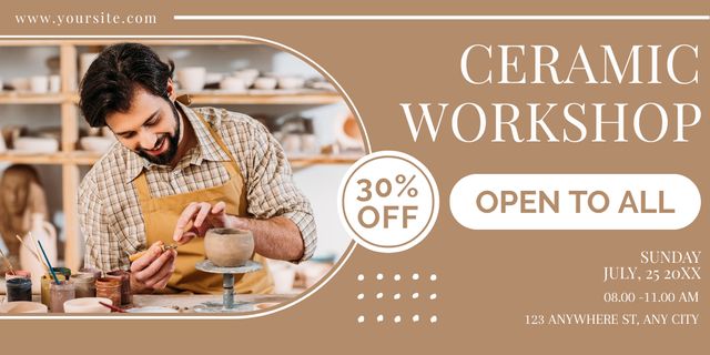 Ceramic Workshop Ad with Man in Apron Making Clay Bowl Twitter Design Template