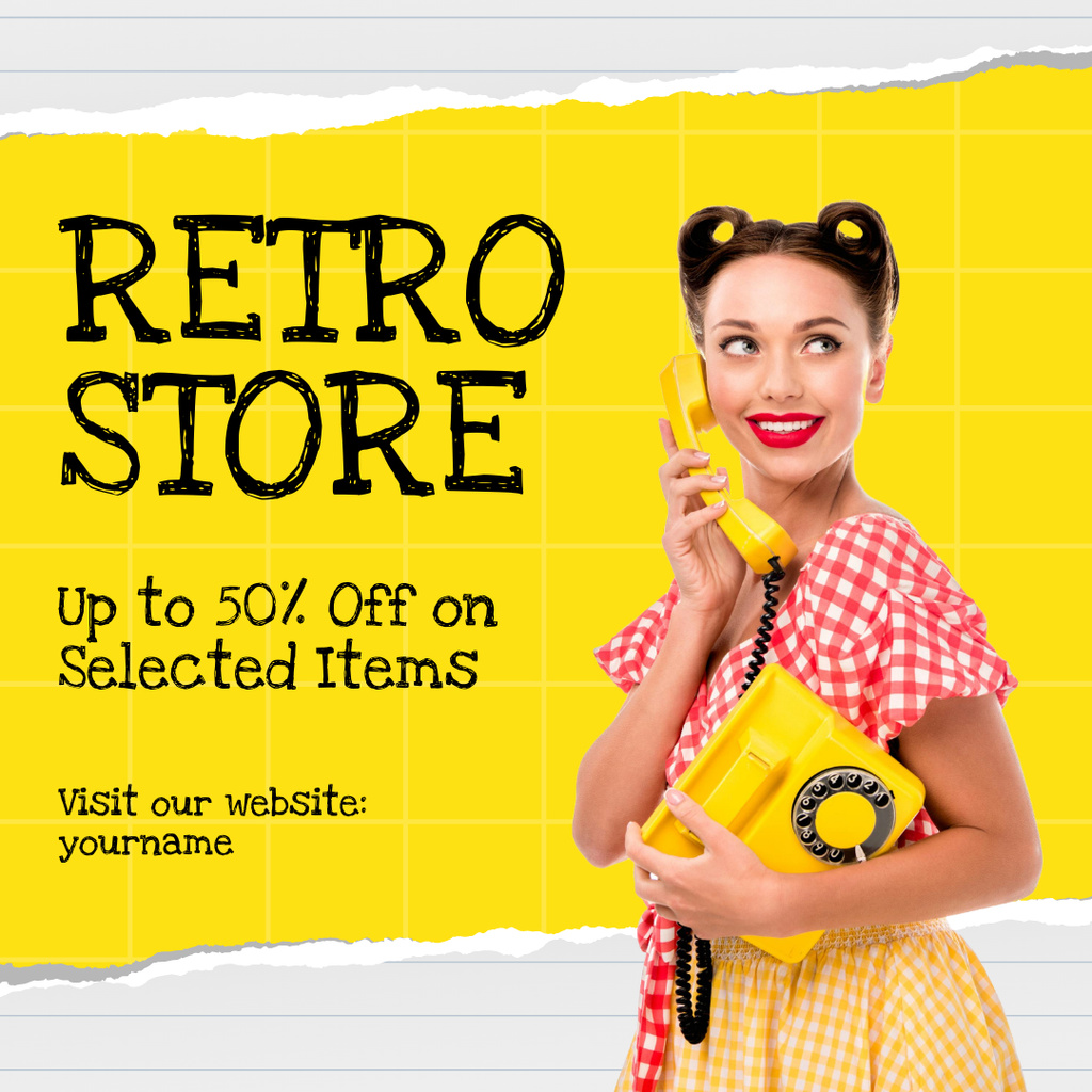Modèle de visuel Pin up woman for retro store yellow - Instagram AD
