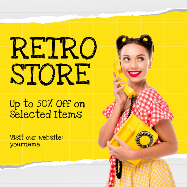 Pin up woman for retro store yellow Instagram ADデザインテンプレート