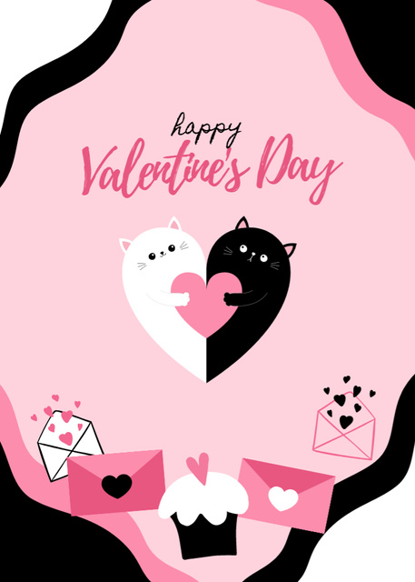 Happy Valentine's Day Cheers With Adorable Lovely Cats Postcard 5x7in Vertical Design Template