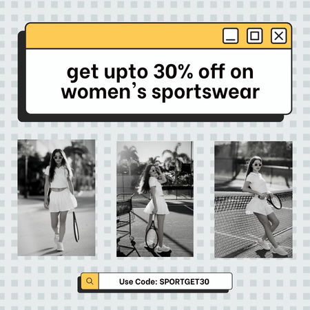 Plantilla de diseño de Oferta de código promocional con descuento en ropa deportiva para mujer Instagram AD 