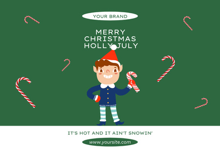 Christmas in July with Cute Elf In Green Flyer A6 Horizontal Design Template