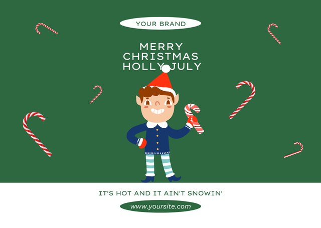 Christmas in July with Cute Elf In Green Flyer A6 Horizontal tervezősablon