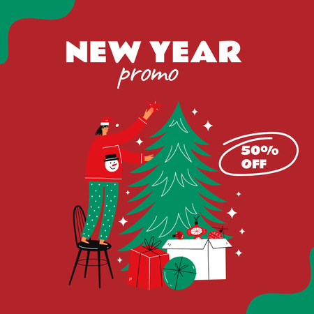 New Year Sale Offer Promo With Fir Tree Instagram Design Template