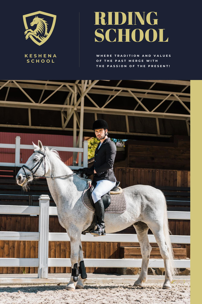 Riding School Ad with Man on Horse Pinterest Design Template