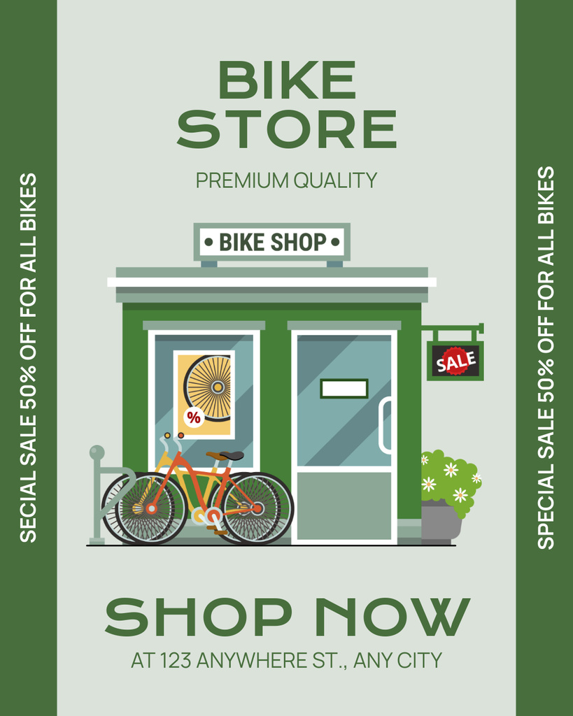 Bicycle Stores Ad on Green Instagram Post Vertical Design Template