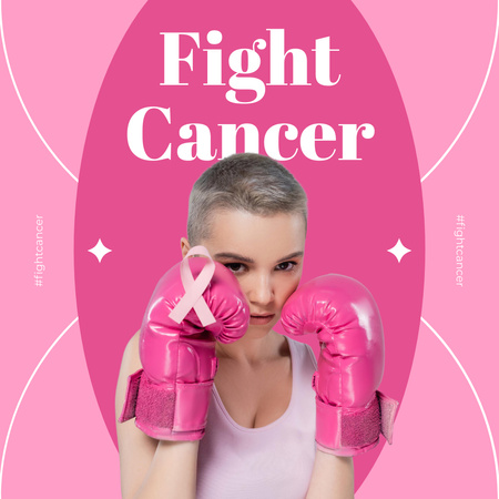 Cancer Fight Motivational Photo with Girl in Boxing Gloves Instagram Tasarım Şablonu