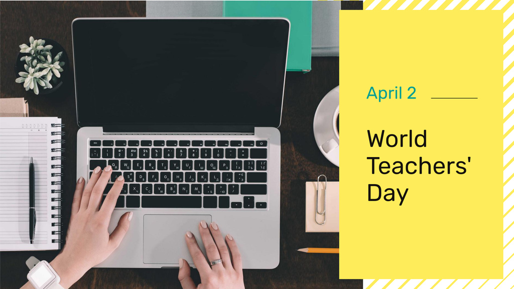 World Teachers' Day with Woman using Laptop FB event cover Modelo de Design