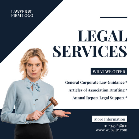 Law Firm Services Offer with Woman holding Hammer Instagram Design Template