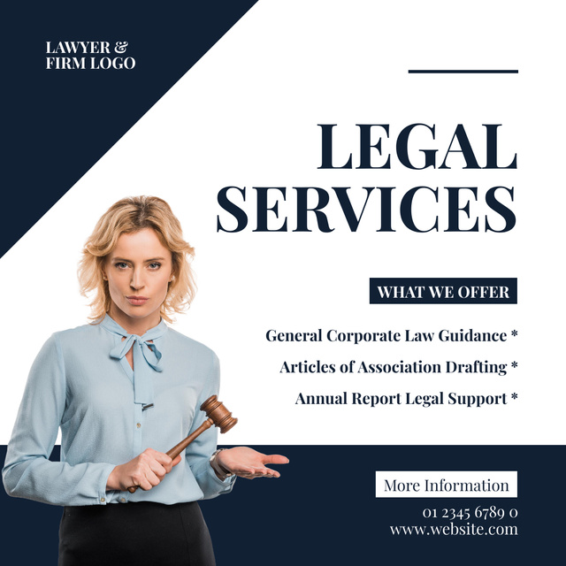 Law Firm Services Offer with Woman holding Hammer Instagram Modelo de Design