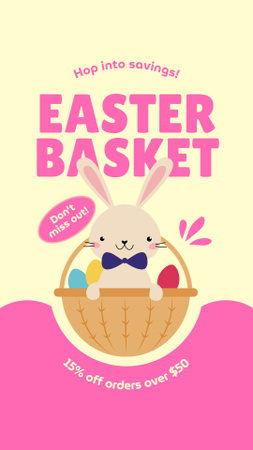 Designvorlage Niedlicher Osterkorb mit Hase und Eiern für Instagram Story