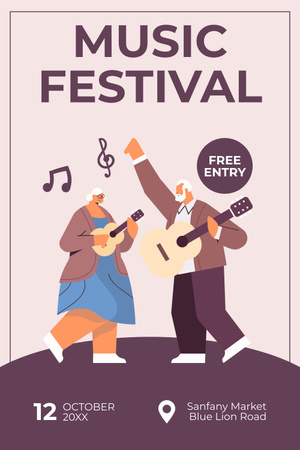 Ontwerpsjabloon van Pinterest van Muziekfestivaladvertentie met paar dat gitaren speelt
