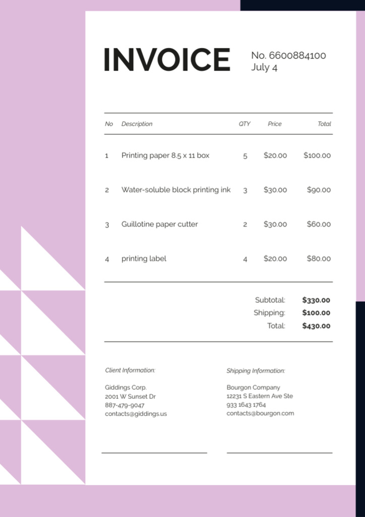 Paper Printing Services on Lilac Invoice – шаблон для дизайну
