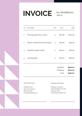 Serviços de impressão de papel em lilás Invoice Modelo de Design
