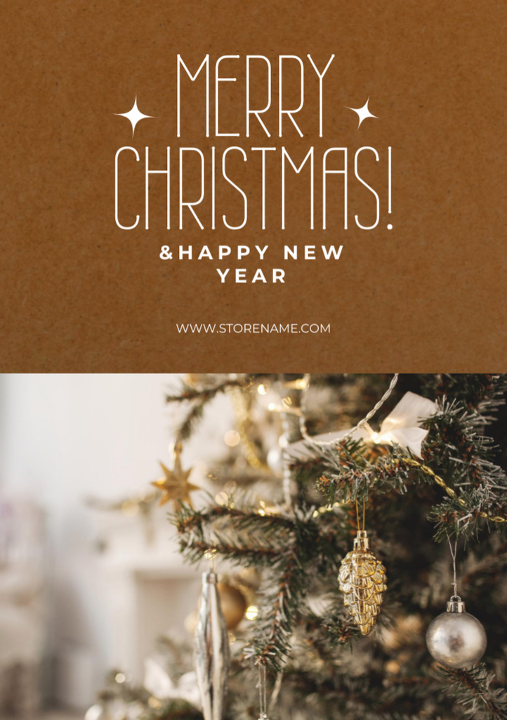 Christmas Greeting with Beautiful Tree on Brown Postcard A5 Vertical – шаблон для дизайну