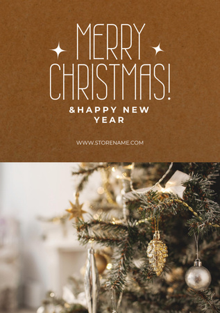 Christmas Greeting with Beautiful Tree on Brown Postcard A5 Vertical Design Template