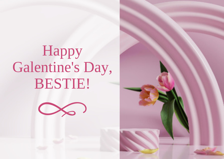 Galentine's Day Greeting with Cute Pink Decoration and Tulips Postcard 5x7in Design Template