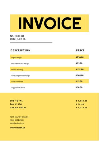 Design Services on Yellow Invoice Modelo de Design