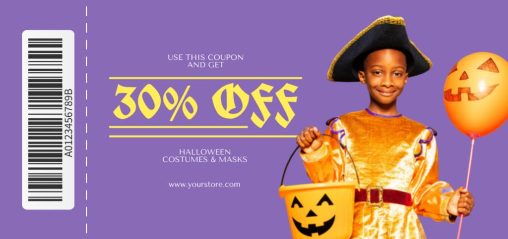 Template di design Halloween Costumes and Masks Offer with Cute Kid Coupon Din Large