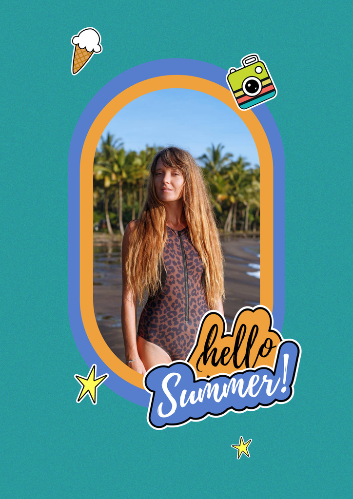 Summer Inspiration with Happy Girl on Beach Poster Tasarım Şablonu